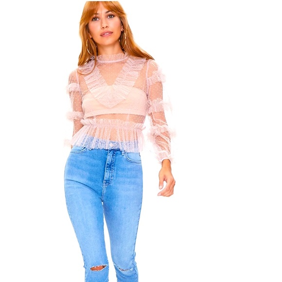 Light Pink Sheer Mesh Ruffled Long Sleeve Top NWT - Picture 2 of 6